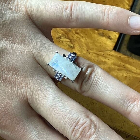 Natural Rainbow Moonstone Tanzanite Sterling Silver Ring Size 6 - Picture 4 of 9